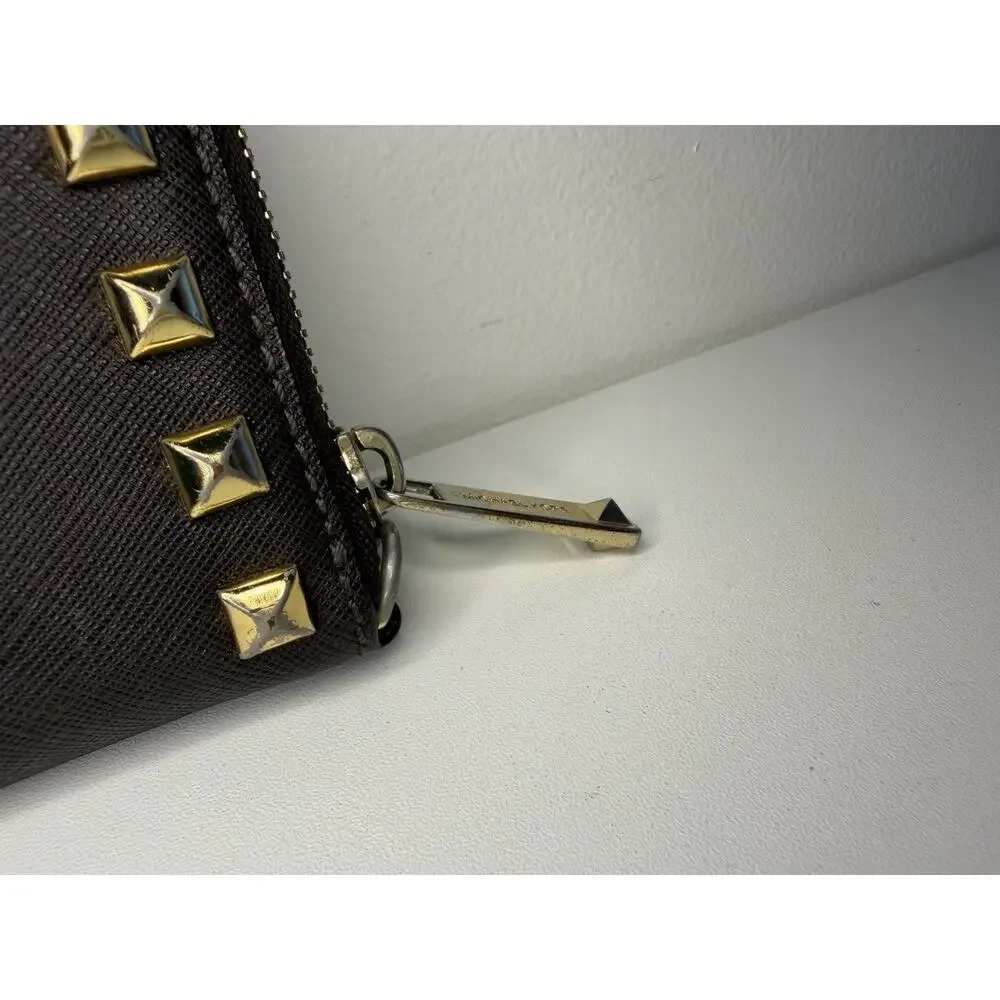 Michael Kors Saffiano Leather Studded Zip Around Wristlet Wallet Brown Gold